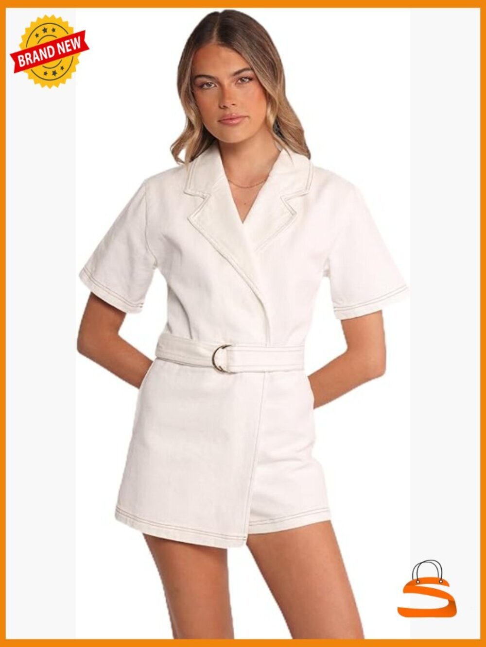 Medium Cotton Romper with V-Neck Wrap Front Short Sleeve - Picture 1 of 4